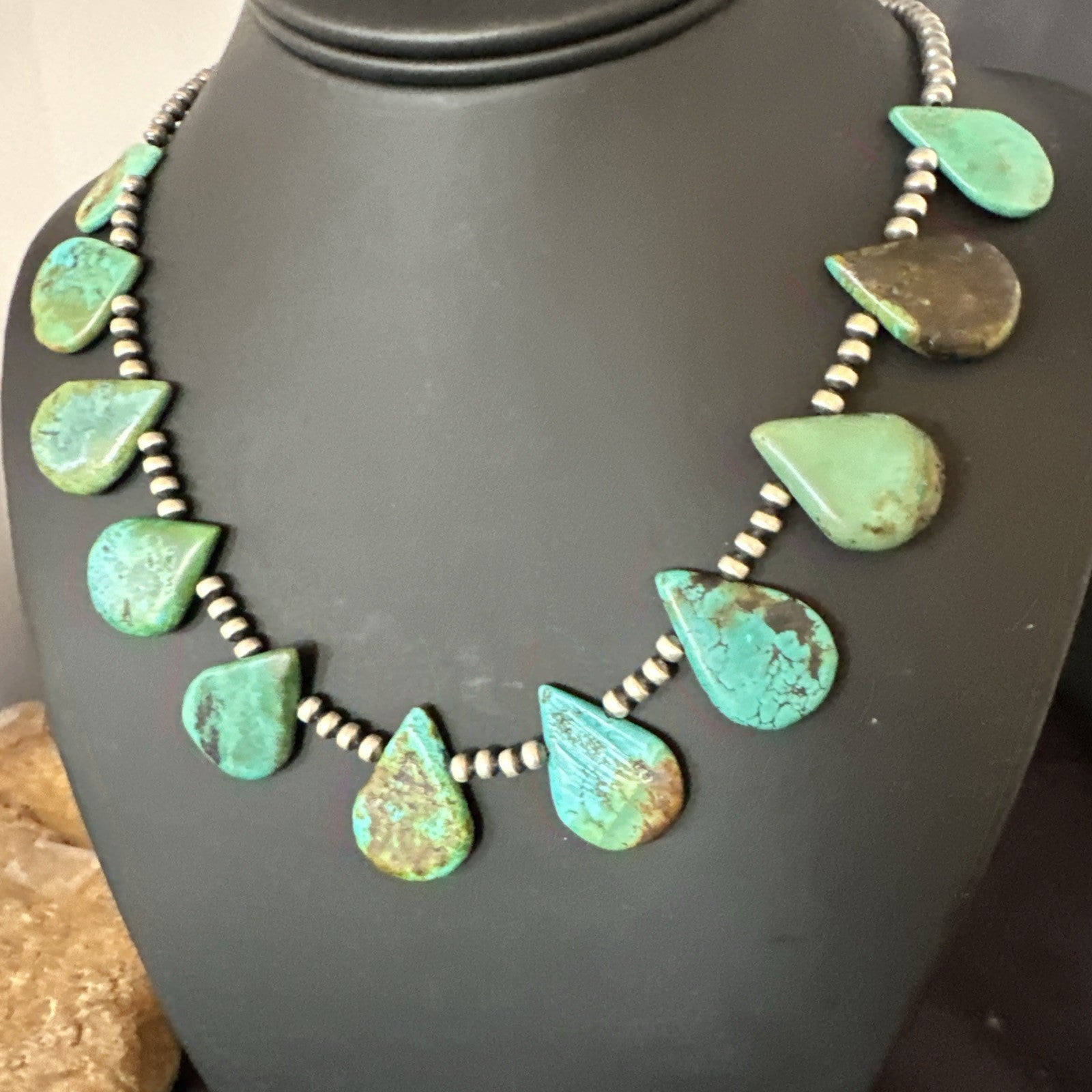 Navajo Pearls Silver Green Teardrop Turquoise Necklace 19229