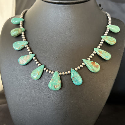 Blue Turquoise Teardrop Navajo Pearls Sterling Silver Necklace 14390