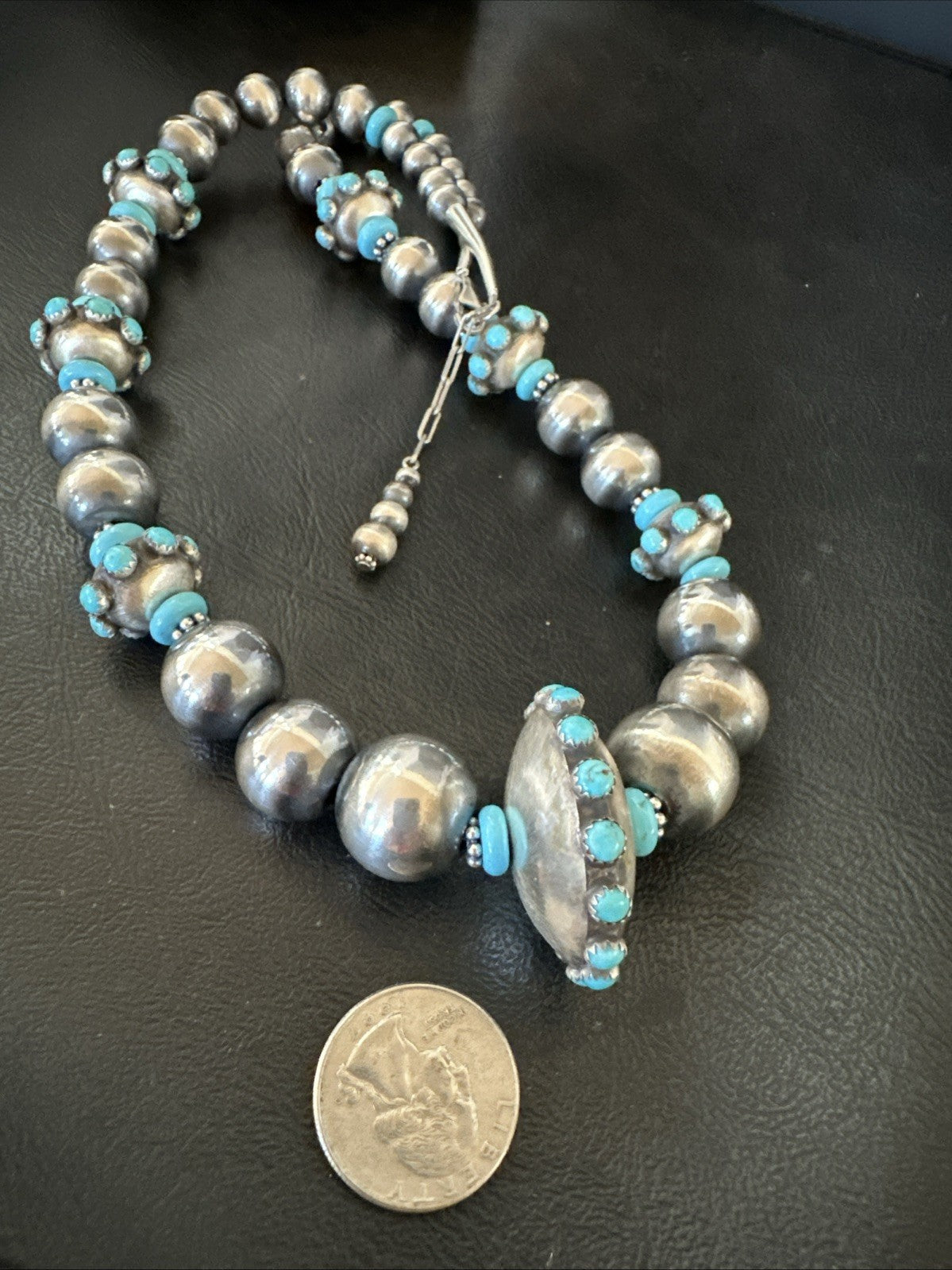 Navajo Pearls Blue Kingman Turquoise Sterling Silver Necklace 23” 19449