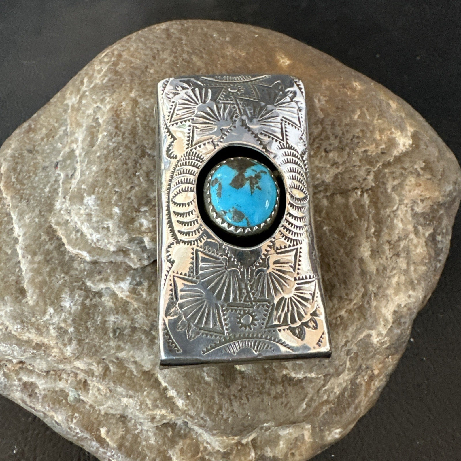 Mens Womens Blue Turquoise Navajo Stainless Stamped Silver Money Clip 19733
