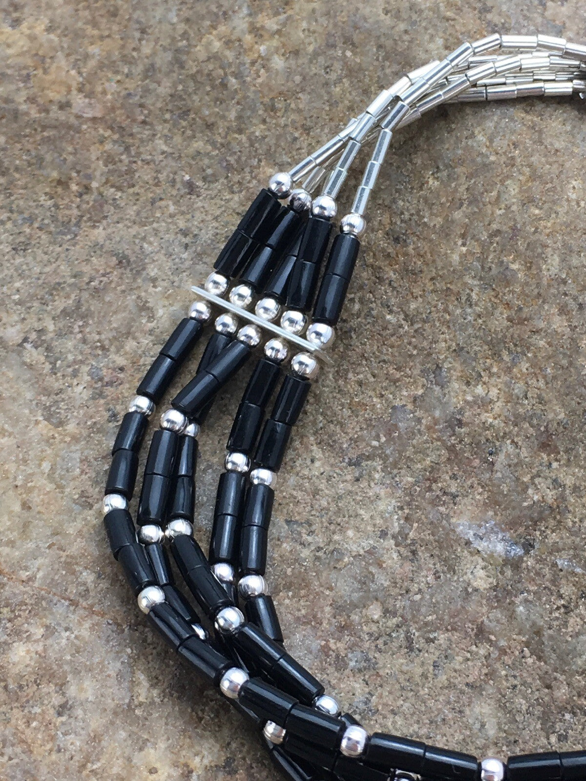 Black Onyx Heishi 5 Strand Southwestern Liquid Sterling Silver Bracelet 7" 02932