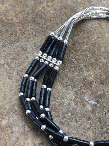Black Onyx Heishi 5 Strand Southwestern Liquid Sterling Silver Bracelet 7" 02932