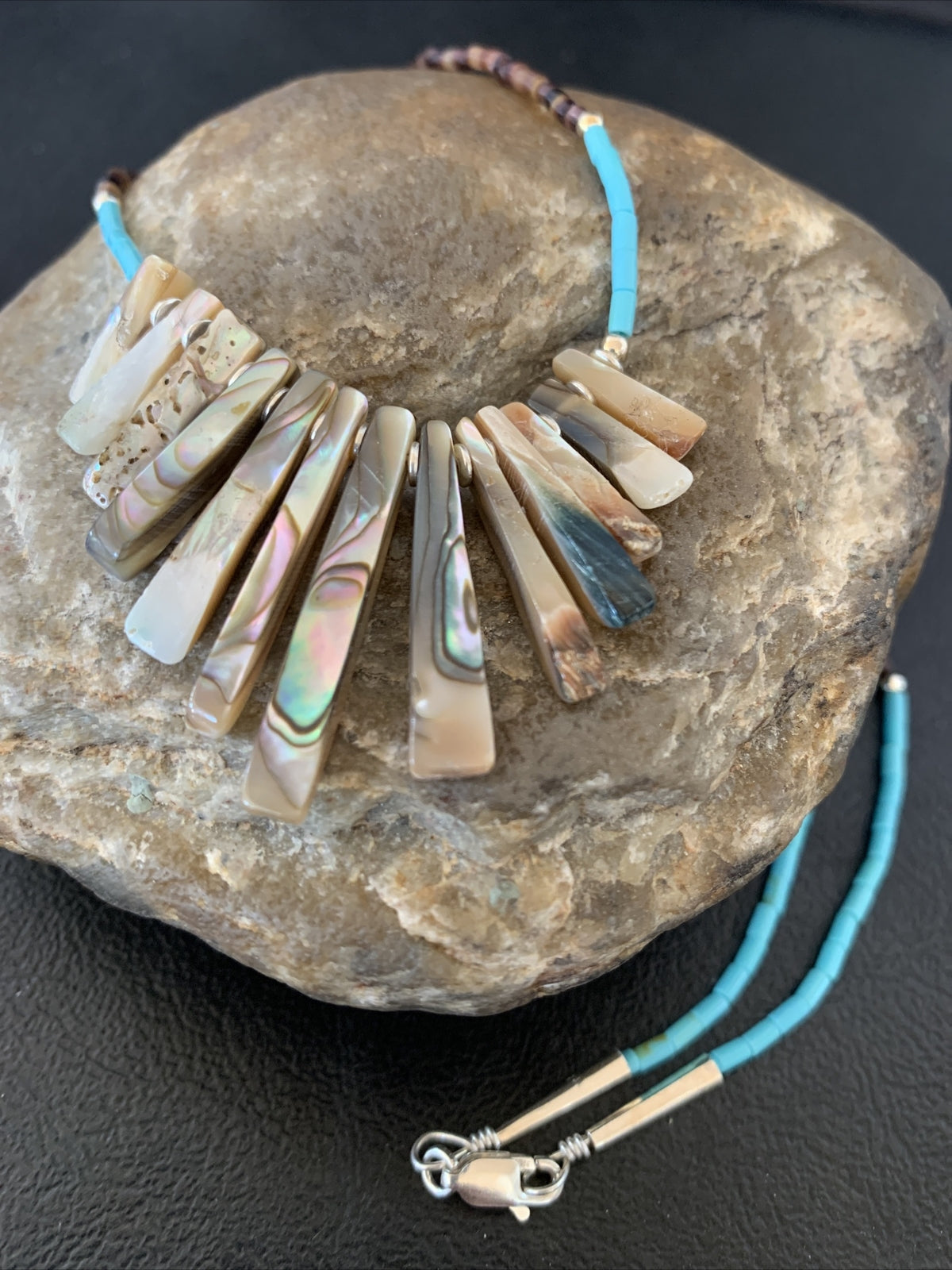 Blue Turquoise & Pava Shell Heishi Navajo Sterling Silver Necklace 01689