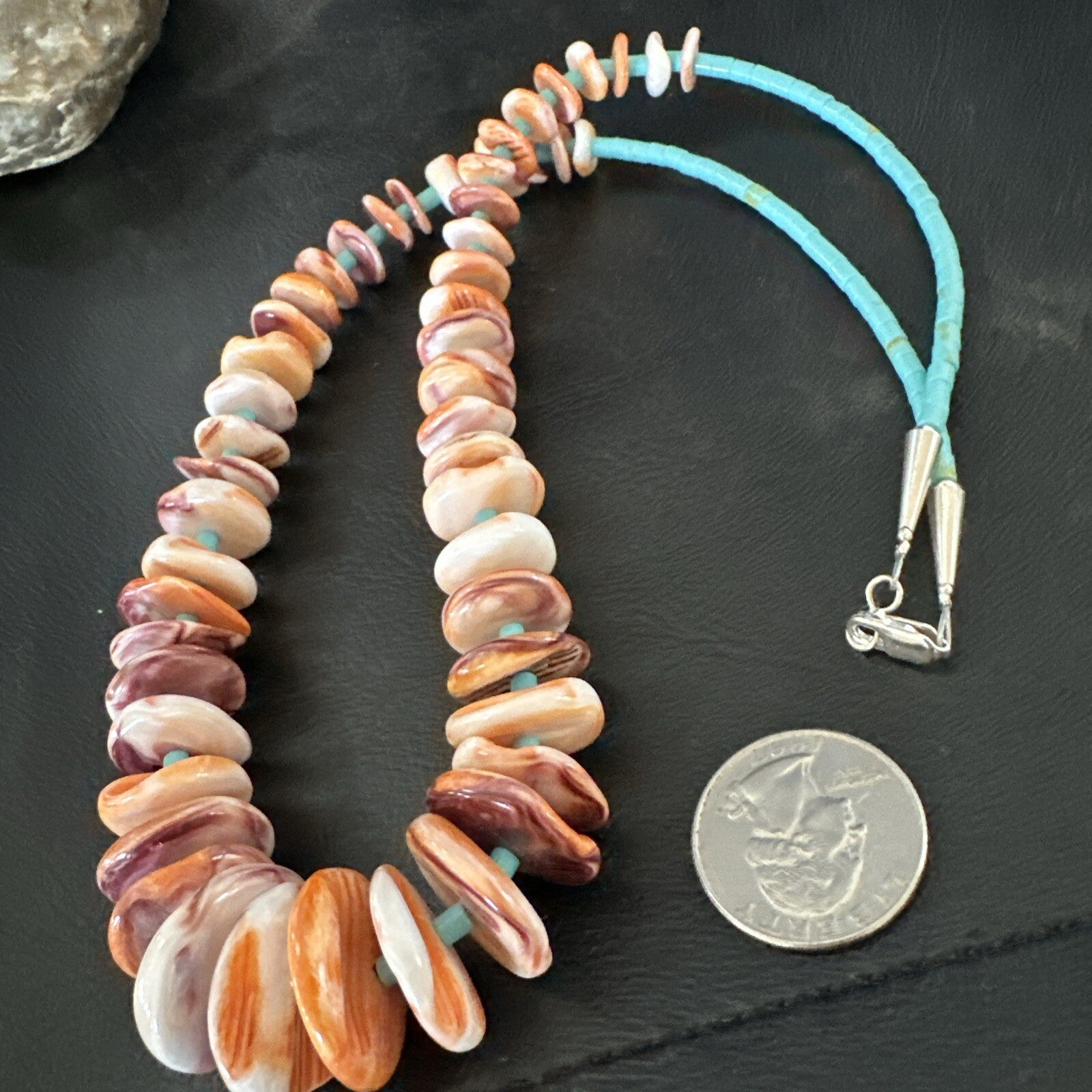 Spiny Oyster Turquoise Heishi Navajo Sterling Silver Necklace 22" 17756