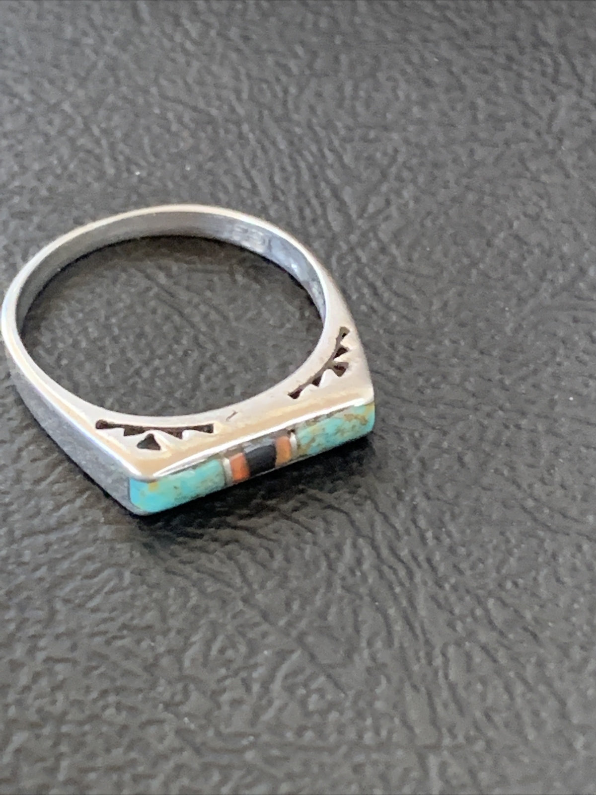 Turquoise & Onyx Navajo Sterling Silver Inlay Ring Size 6 11152