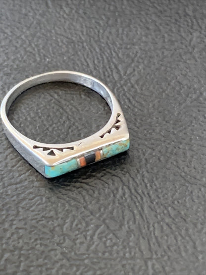 Turquoise & Onyx Navajo Sterling Silver Inlay Ring Size 6 11152