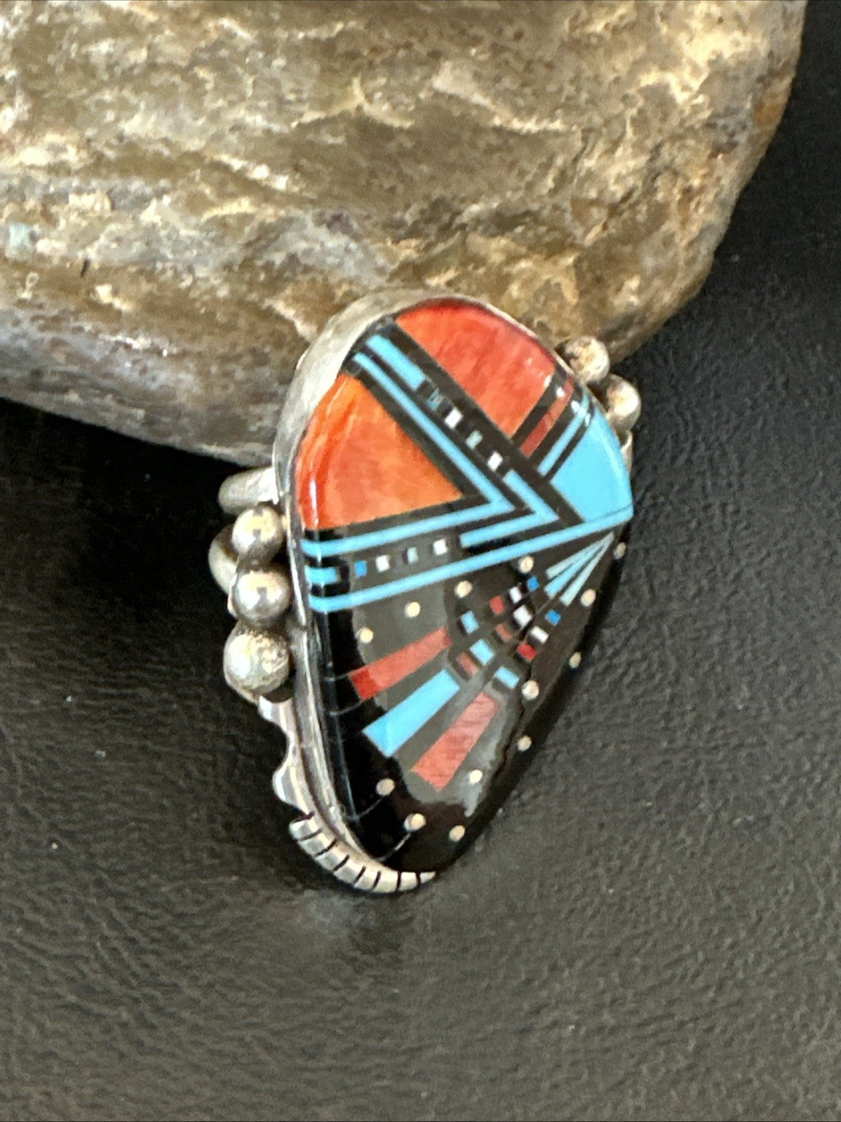 Cosmic Inlay Onyx Turquoise Spiny Navajo Sterling Silver Ring Size 9 19789
