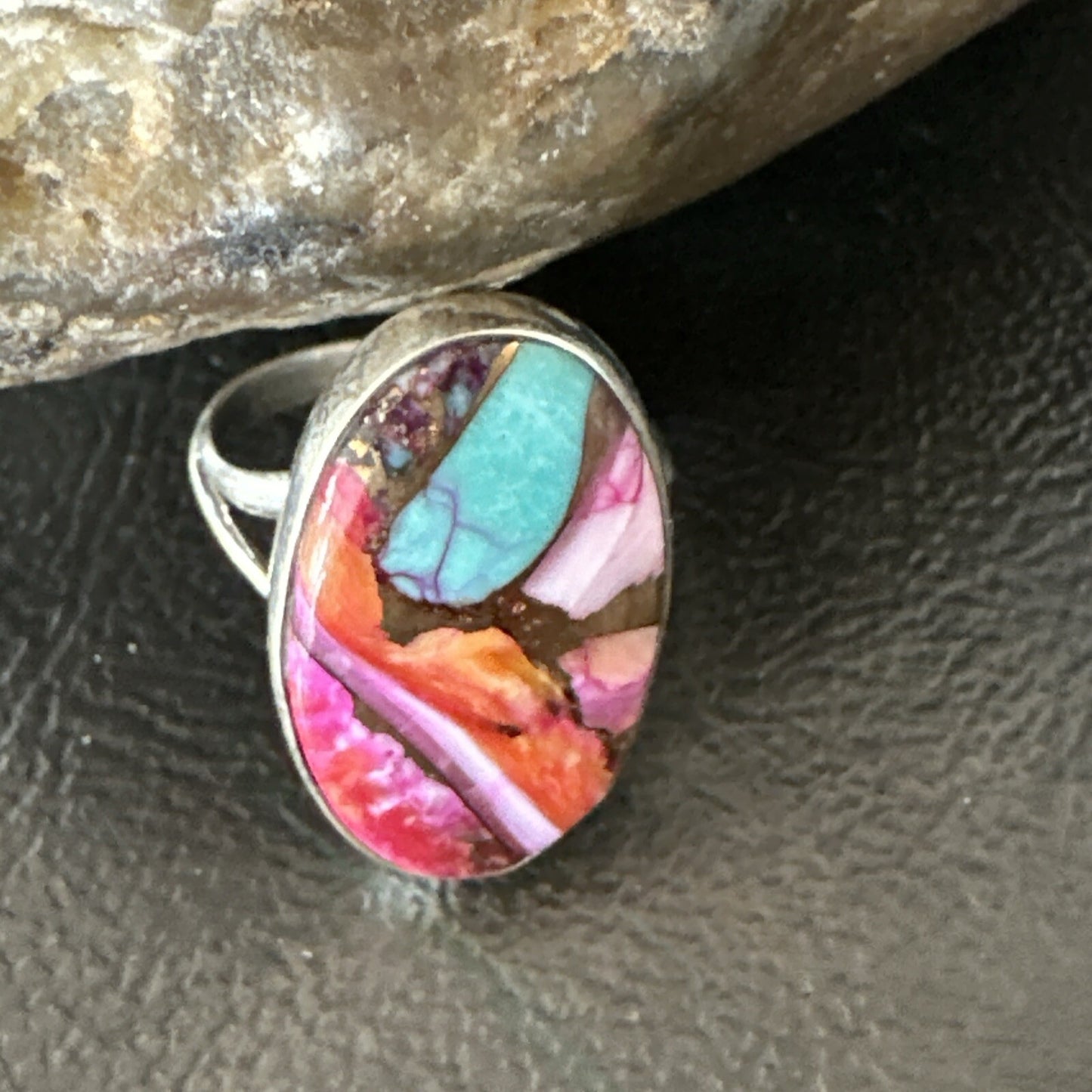 Blue Turquoise Spiny Oyster Southwestern Sterling Silver Ring Size 7 18497