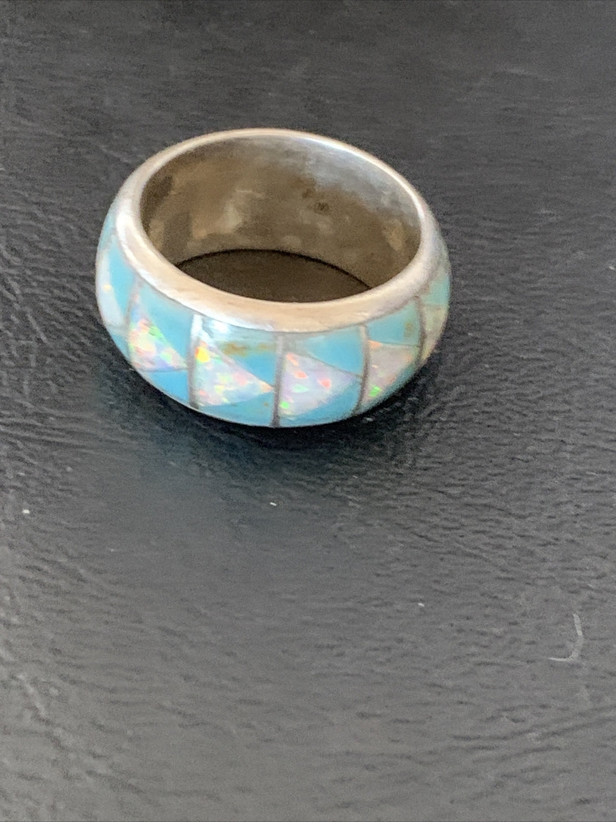 Mens Blue Turquoise & Opal Navajo Sterling Silver Inlay Ring Size 10 12571