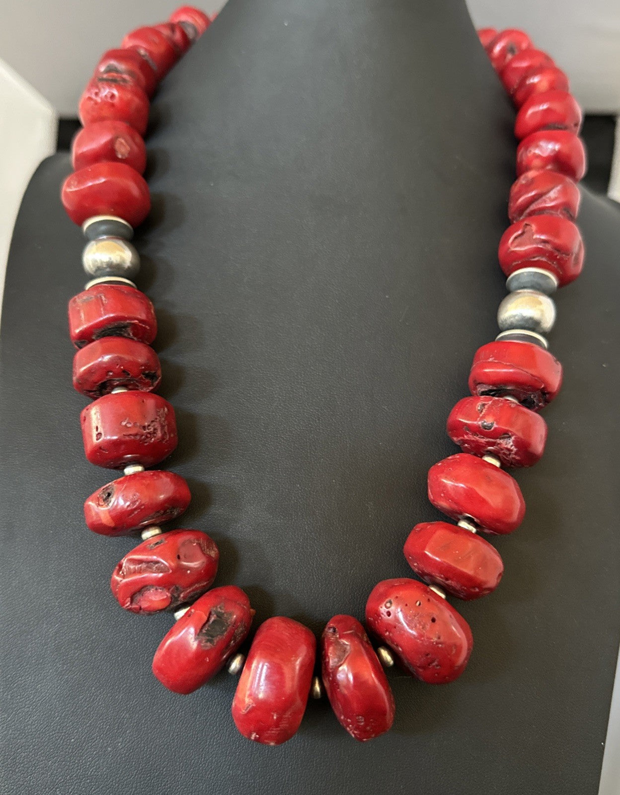 Chunky Navajo Red Bamboo Coral Sterling Silver Bead Necklace 24” Graduated 19532