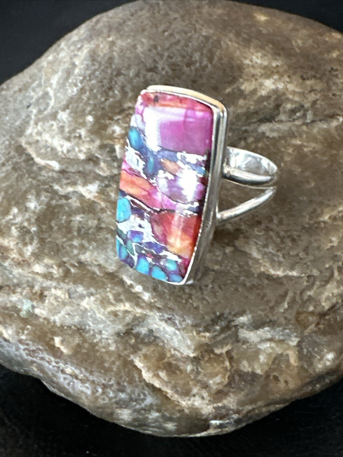 Blue Turquoise Spiny Oyster Southwestern Sterling Silver Ring Size 9 18466