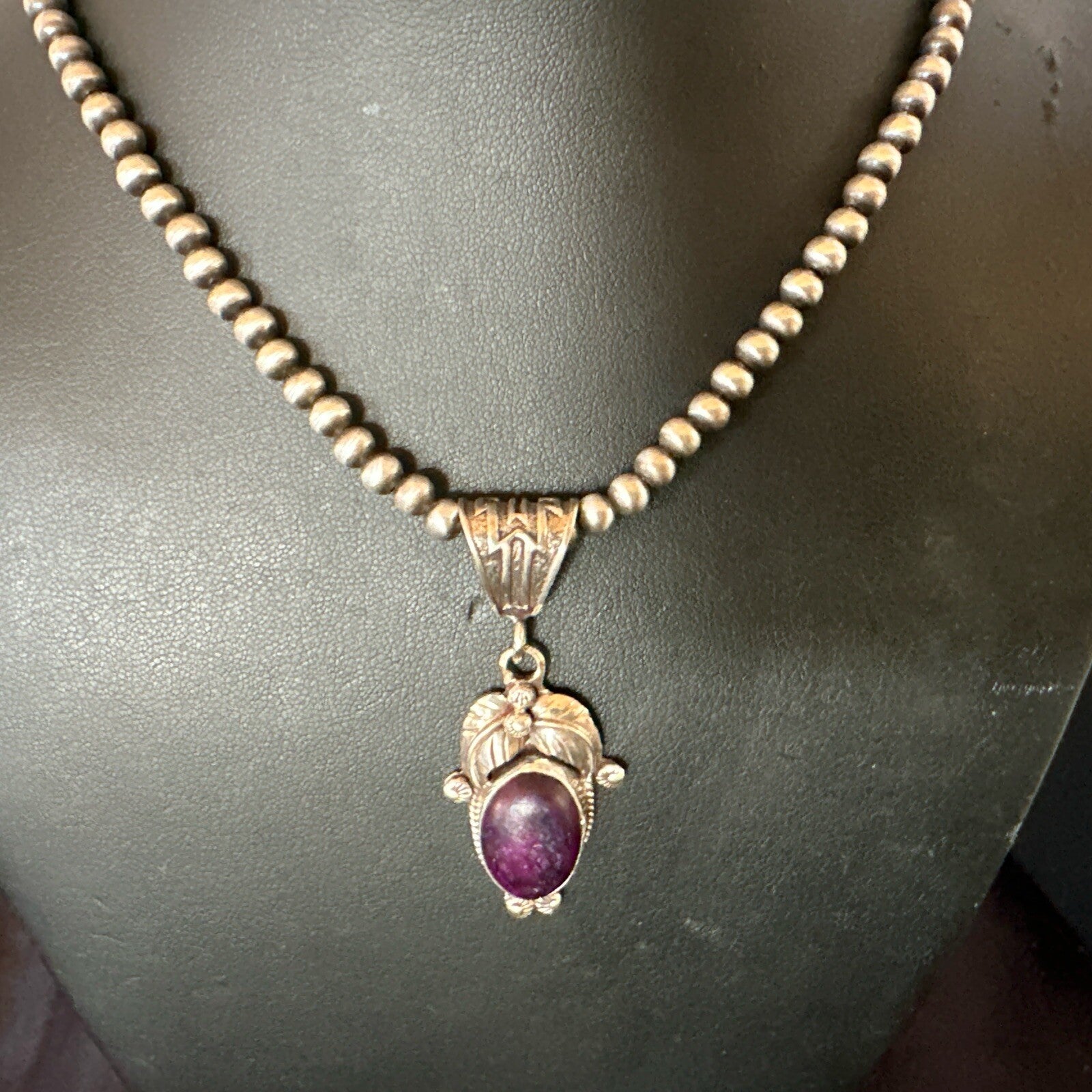Purple Stone Pendant Navajo Pearls Sterling Silver Necklace 20” 18180