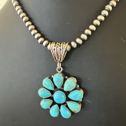 Blue Turquoise Navajo Sterling Silver Cluster Round Pendant Necklace 2”19316