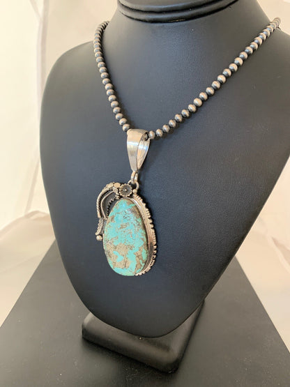 Mens Blue Turquoise Pendant Sterling Silver Necklace 02565