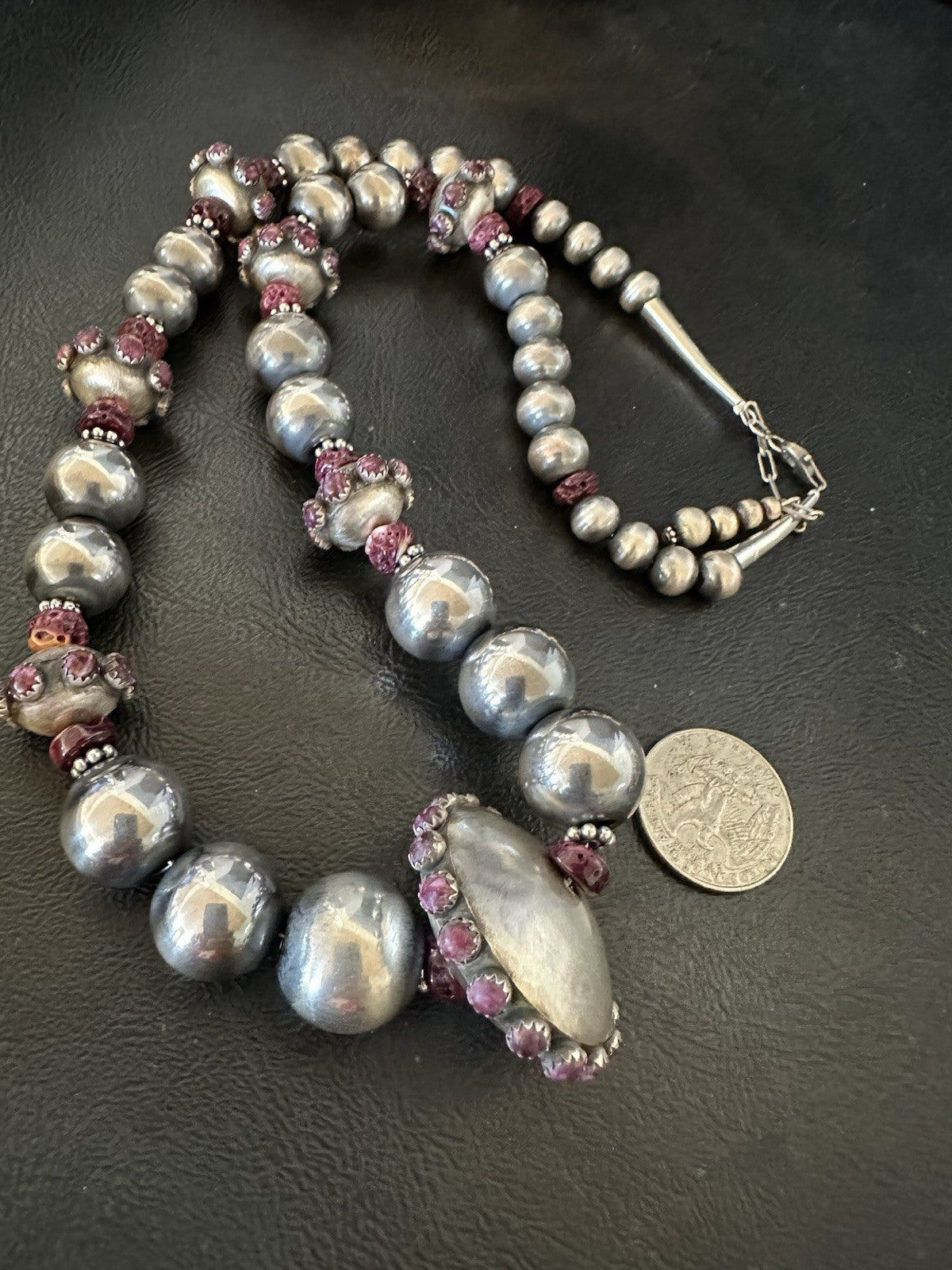 Purple Spiny Oyster Navajo Pearls Graduated Sterling Silver Necklace 23”19444