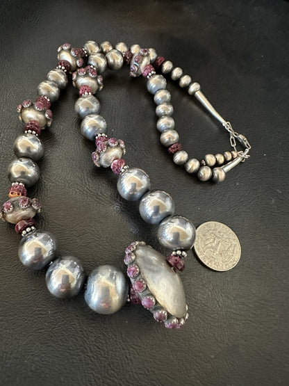 Purple Spiny Oyster Navajo Pearls Graduated Sterling Silver Necklace 23”19444