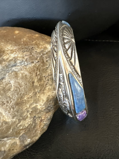 Mens  Purple Stone Lapis Navajo Sterling Silver Tufa Cast Cuff Bracelet 18146