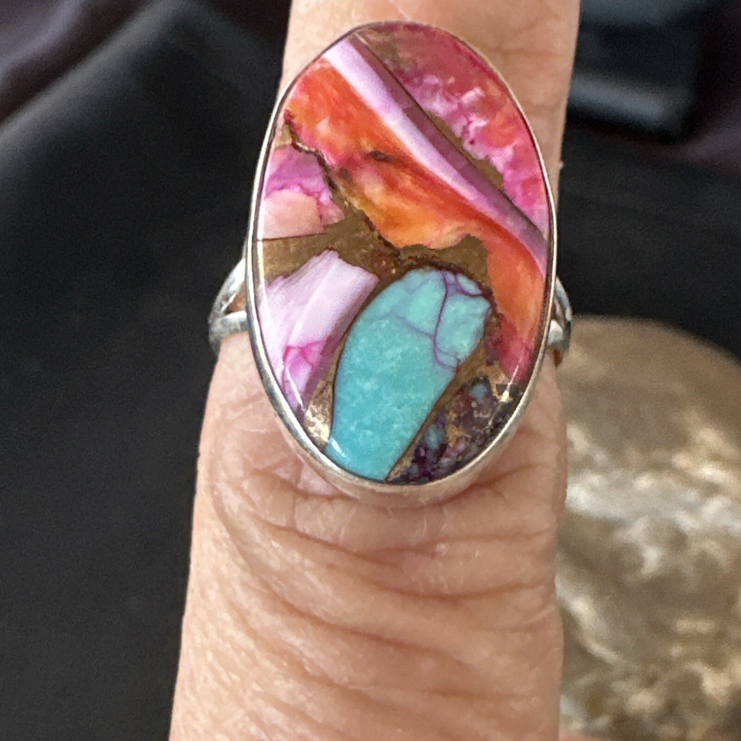 Blue Turquoise Spiny Oyster Southwestern Sterling Silver Ring Size 7 18497