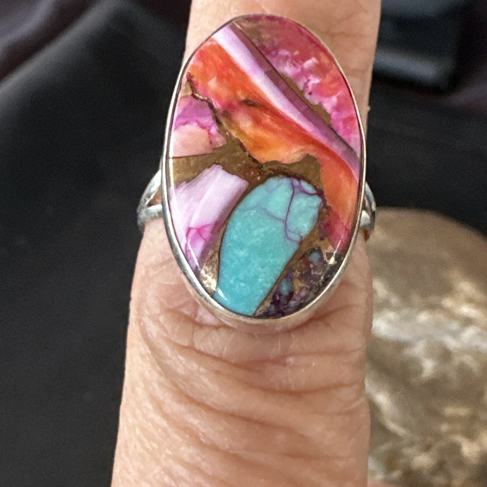 Blue Turquoise Spiny Oyster Southwestern Sterling Silver Ring Size 7 18497