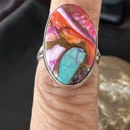 Blue Turquoise Spiny Oyster Southwestern Sterling Silver Ring Size 7 18497