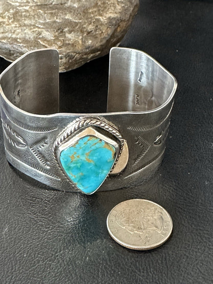 H Joe Blue Kingman Turquoise Navajo Sterling Silver Cuff Bracelet 8.2" 19422