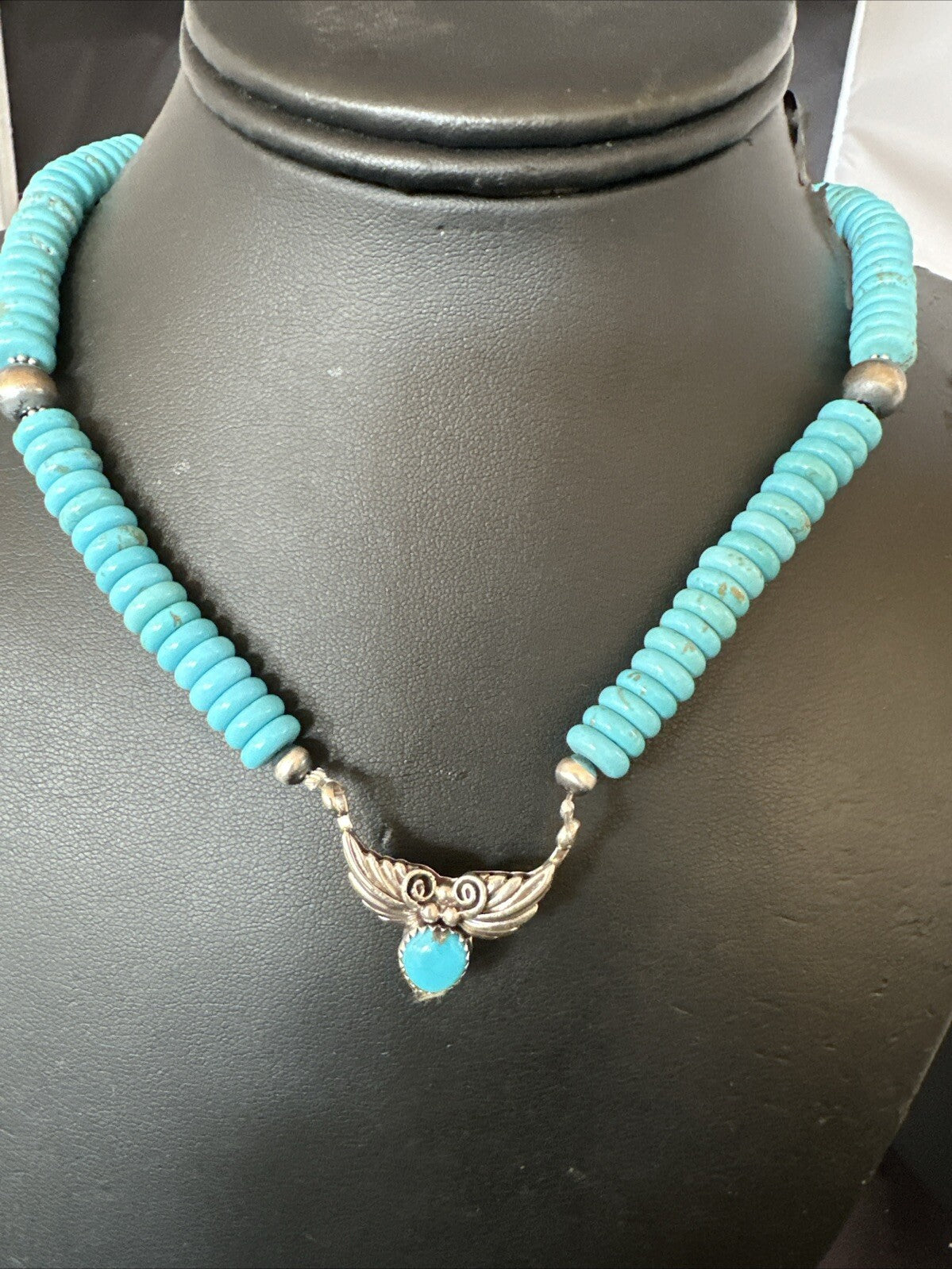 WoMens Blue Kingman Turquoise Pendant Navajo Sterling Silver Necklace 20” 18167