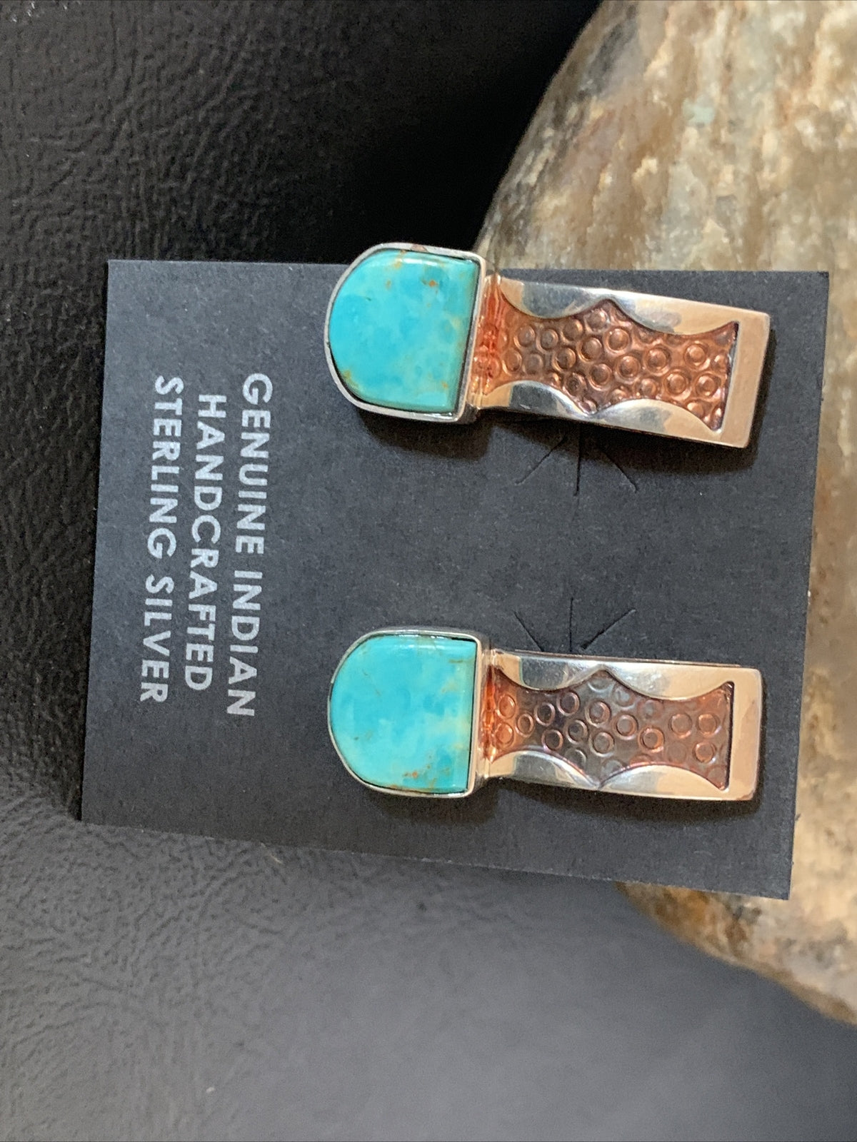 Womens Inlay Earrings Navajo Blue Turquoise Sterling Silver Brass 1" 13106
