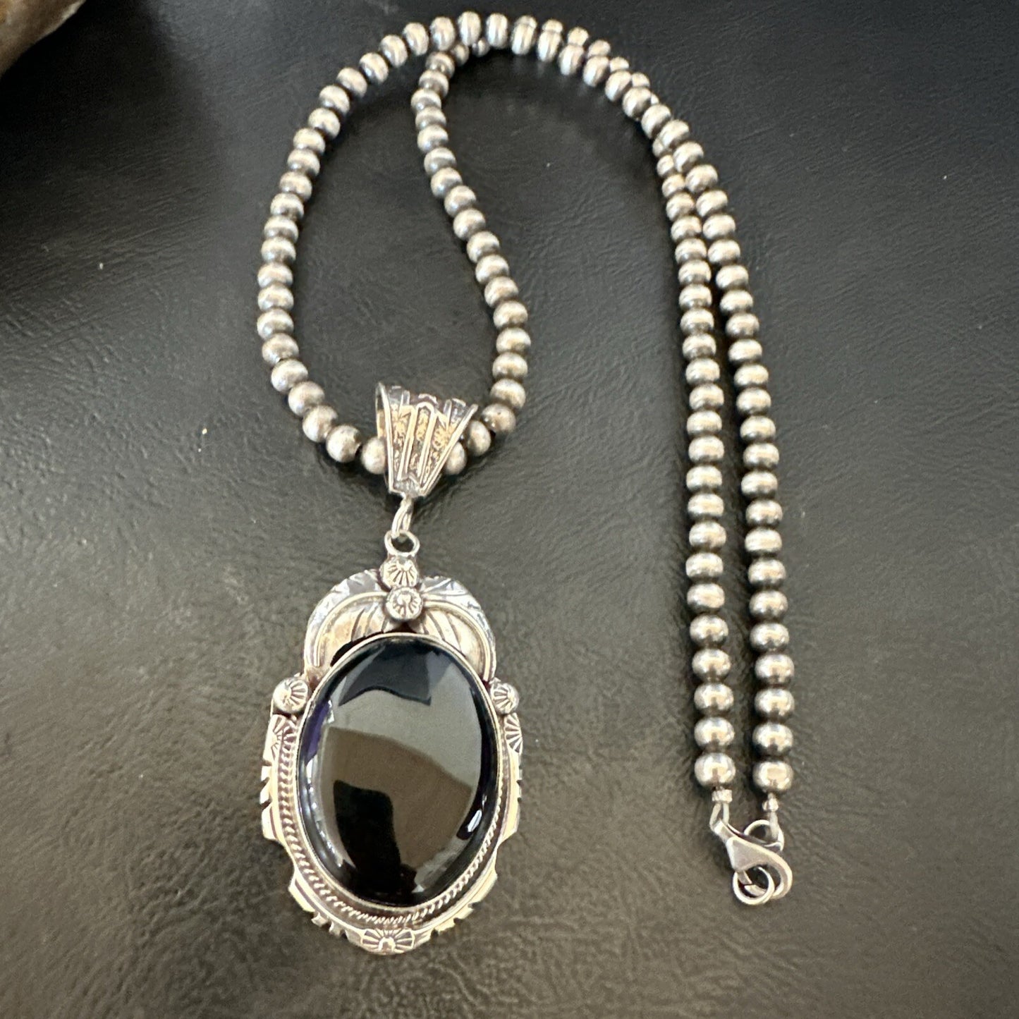 Mens Womens Black Onyx Pendant Navajo Sterling Silver Beads Necklace 18307