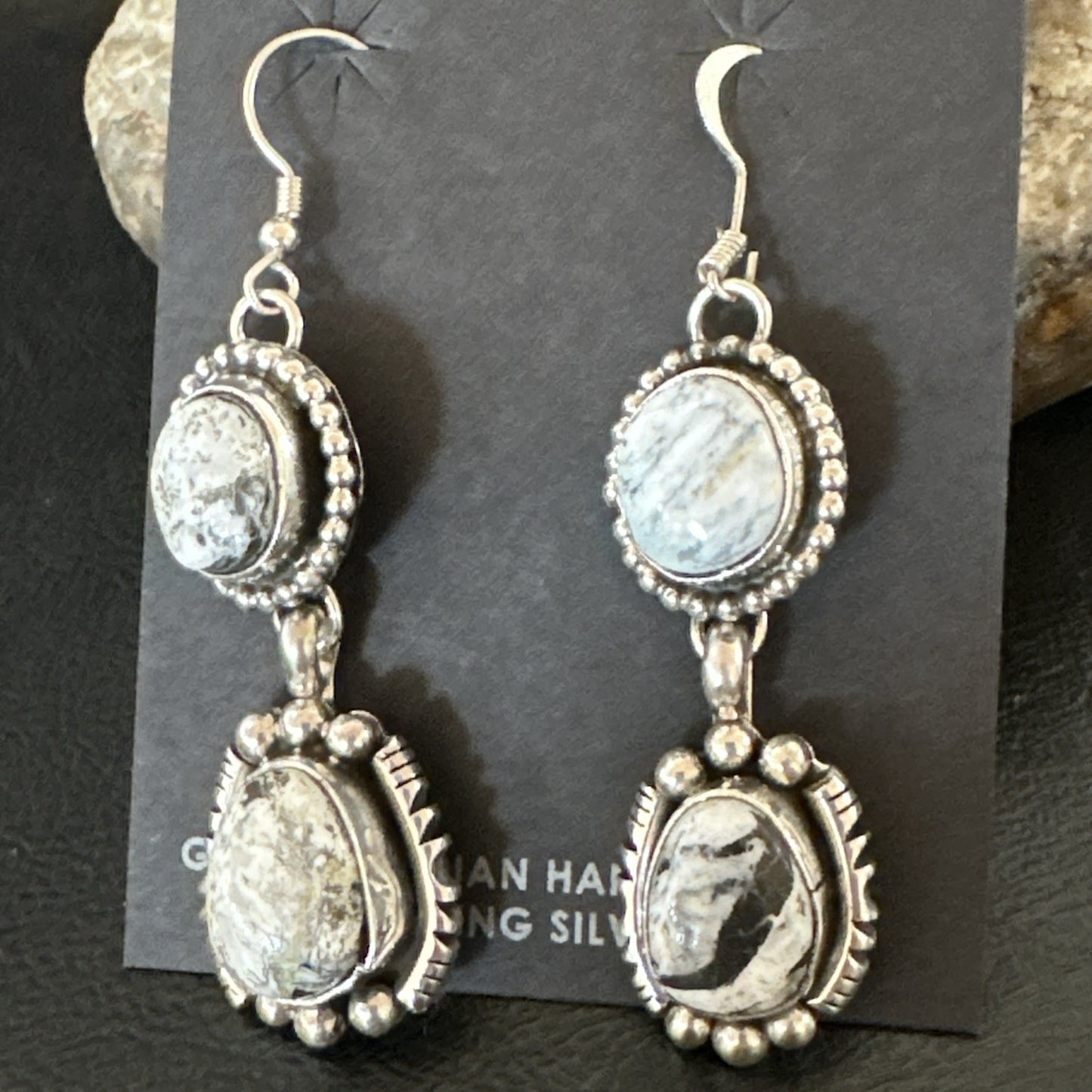 Womens Navajo White Buffalo Turquoise Sterling Silver Dangle Earrings 2" 19309