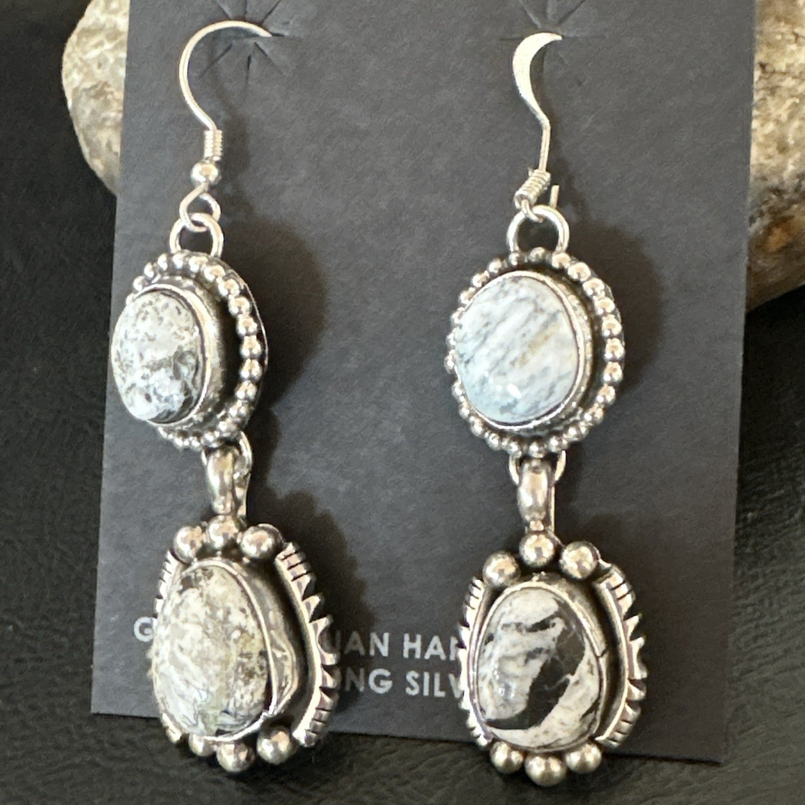 Womens Navajo White Buffalo Turquoise Sterling Silver Dangle Earrings 2" 19309