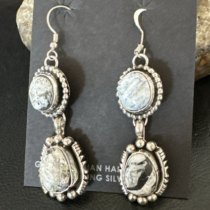 Womens Navajo White Buffalo Turquoise Sterling Silver Dangle Earrings 2" 19309
