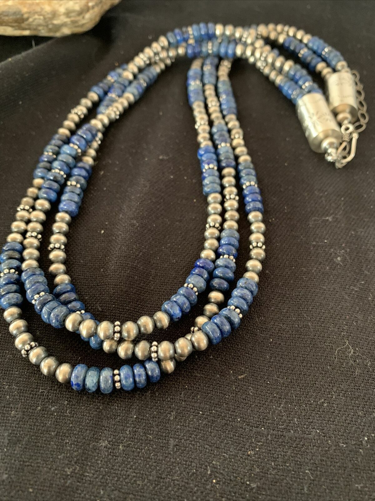 Native Navajo Pearls Denim Lapis 3 Strand Sterling Silver 21” Necklace 00929