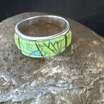 Womens Rare Green Gaspeite Sterling Silver Band Inlay Ring Size 9.5 19148