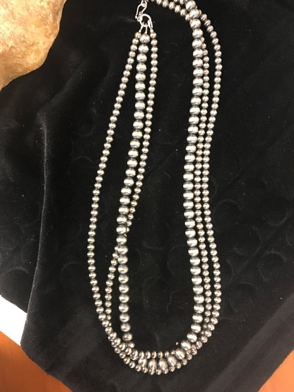 Native American 4, 5, 6 mm Sterling Silver Beads 3 Strand 30” Necklace