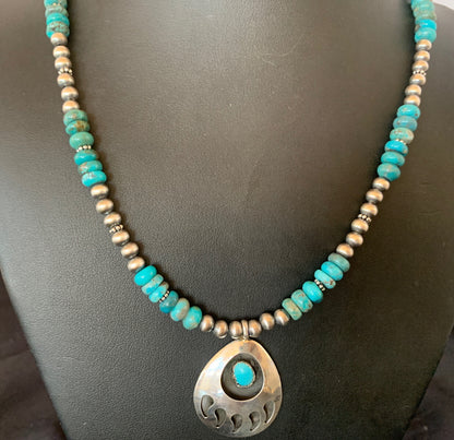 Bear Paw Navajo Sterling Silver Blue Kingman Turquoise Necklace Pendant 11693