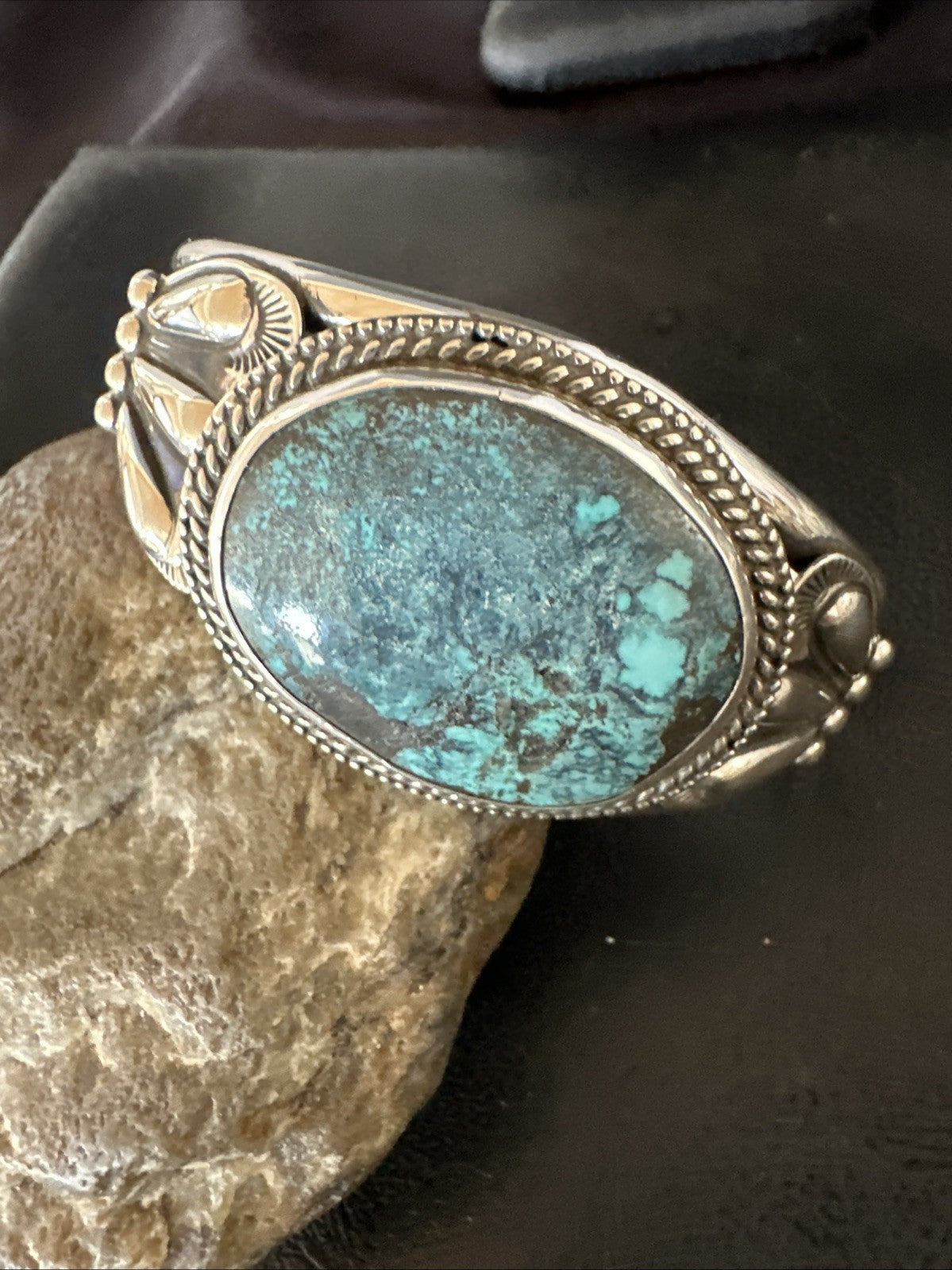 H Joe Blue Spiderweb Turquoise Navajo Sterling Silver Cuff Bracelet 8.2" 19424