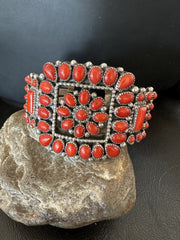Men's Women's Red Coral Navajo Cluster Cuff Bracelet 7.25" | Sterling Silver | Authentic Native American Handmade | 19426