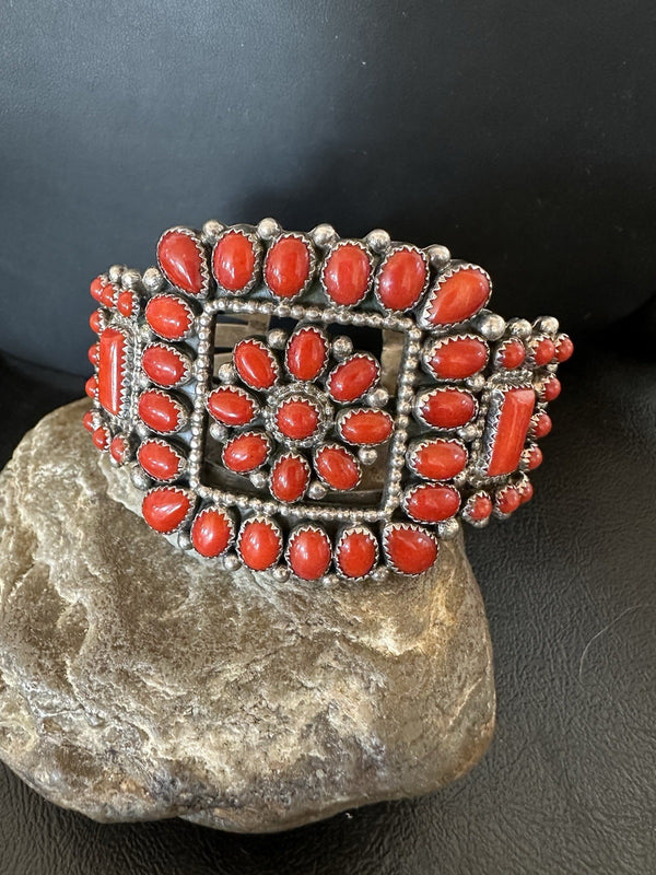 Men's Women's Red Coral Navajo Cluster Cuff Bracelet 7.25" | Sterling Silver | Authentic Native American Handmade | 19426