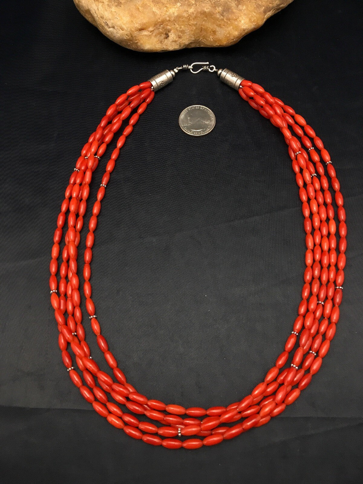 Red Bamboo Coral 5 Strand Navajo Pearls Sterling Silver Necklace 22" 04165