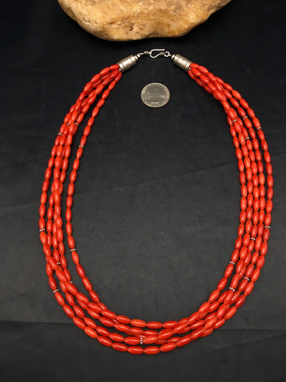 Red Bamboo Coral 5 Strand Navajo Pearls Sterling Silver Necklace 22" 04165