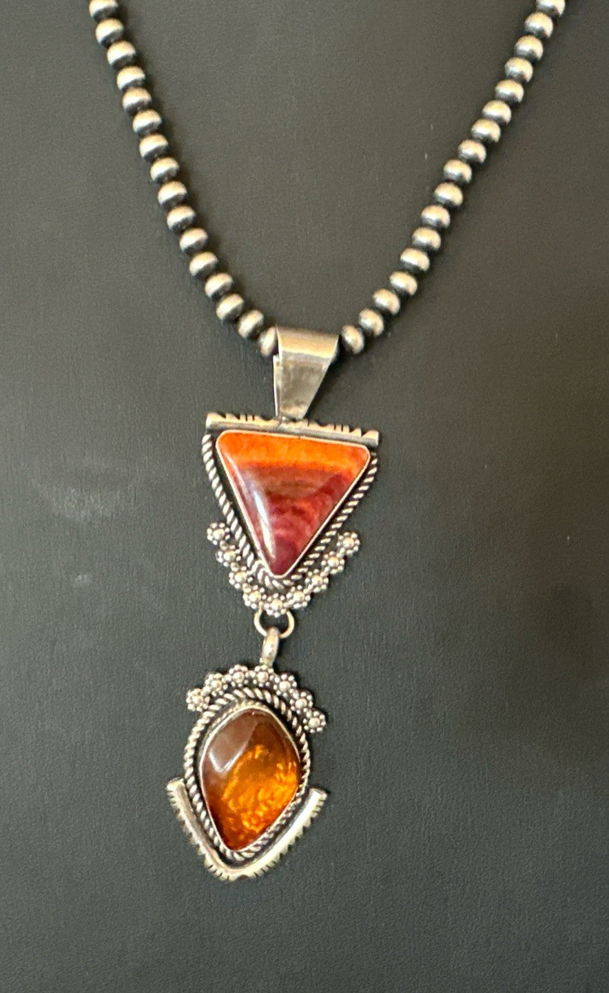 Multicolor Turquoise Spiny Navajo Sterling Silver Cluster Pendant Necklace 19684