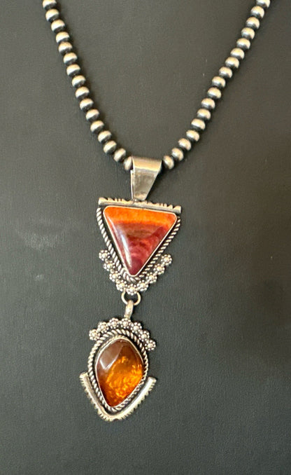 Multicolor Turquoise Spiny Navajo Sterling Silver Cluster Pendant Necklace 19684