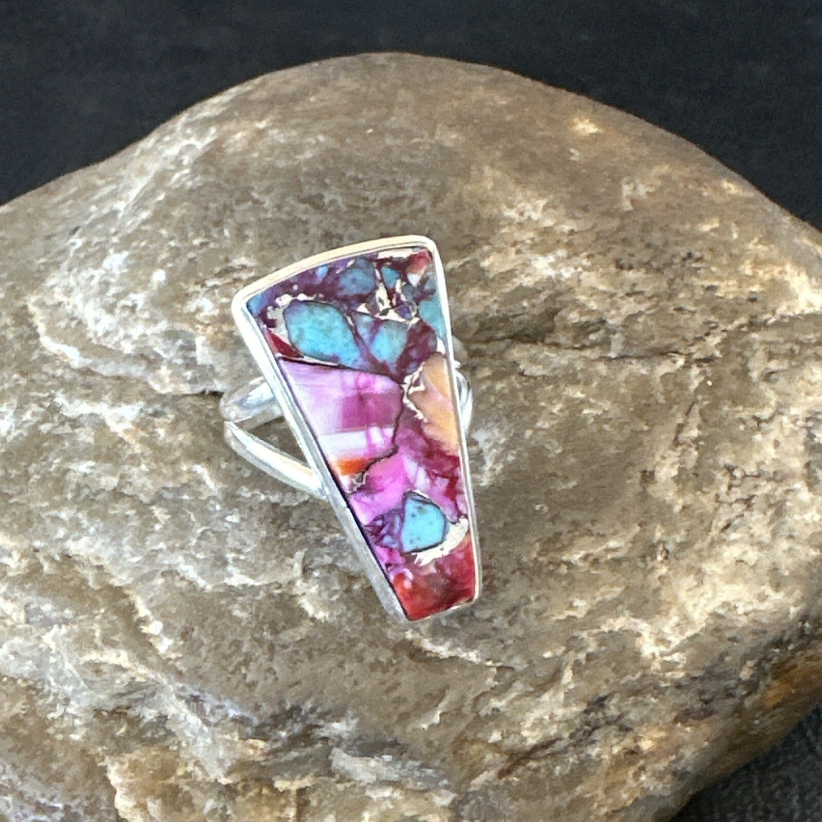 Blue Turquoise Spiny Oyster Southwestern Sterling Silver Ring Size 6 18473