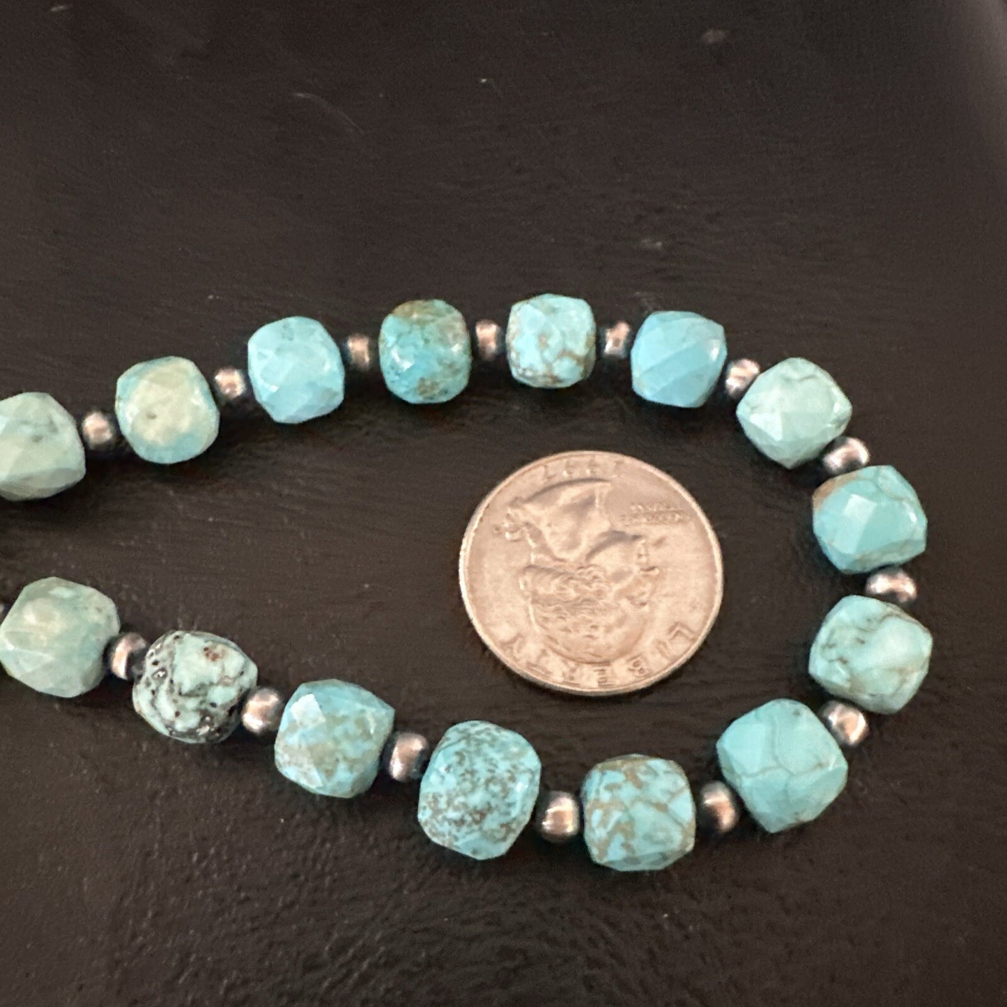 Faceted Blue Turquoise Navajo Sterling Silver Beads Necklace 21” 17727