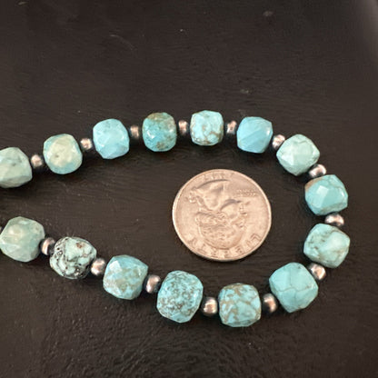 Faceted Blue Turquoise Navajo Sterling Silver Beads Necklace 21” 17727