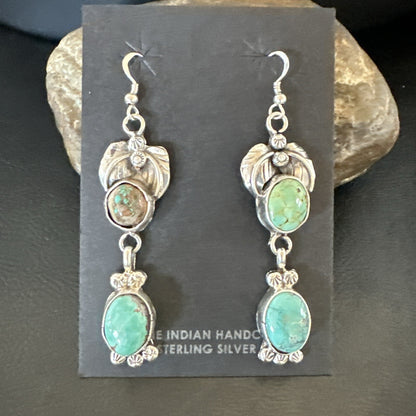 Navajo Green Turquoise Sterling Silver Dangle Earrings 2” 18043