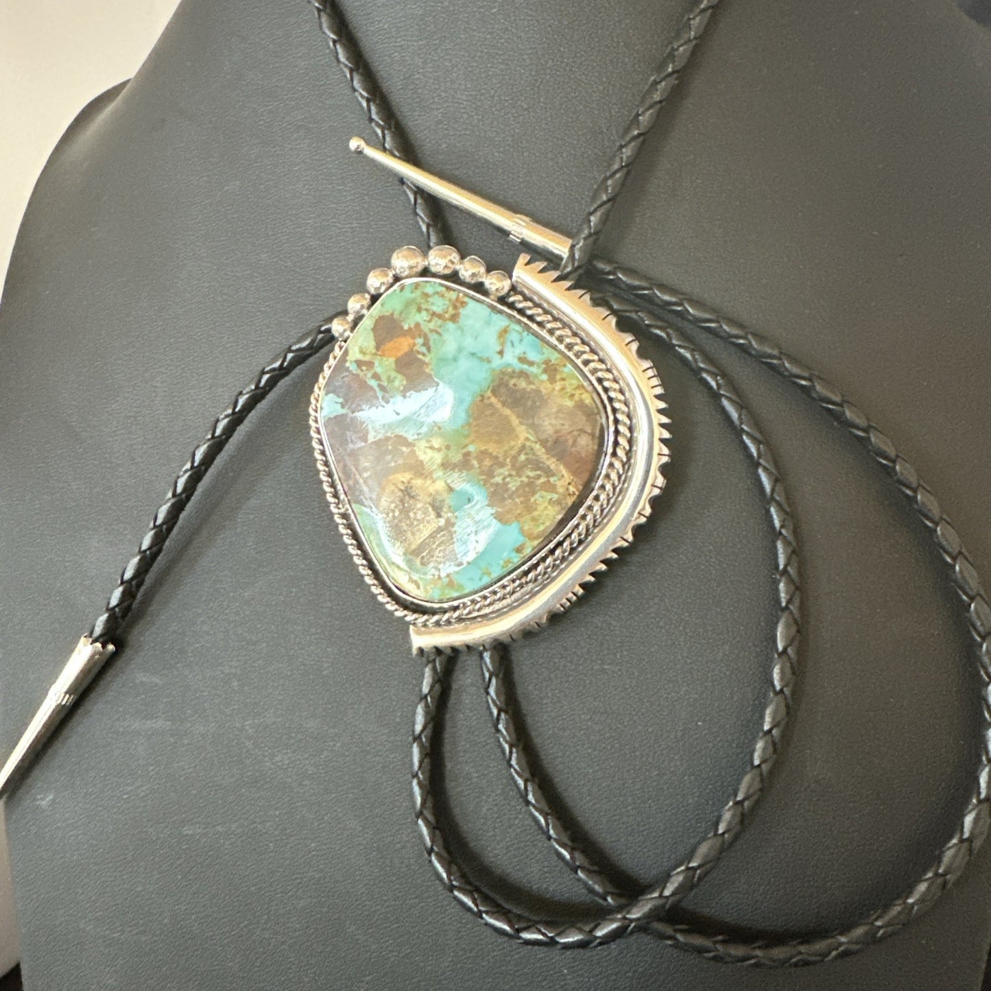 Native Mens Blue Green Royston Turquoise Bolo Tie Sterling Silver Navajo 19752