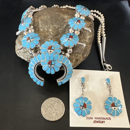 Old Pawn Sunface Turquoise Zuni Sterling Silver Squash Necklace Earrings 19289