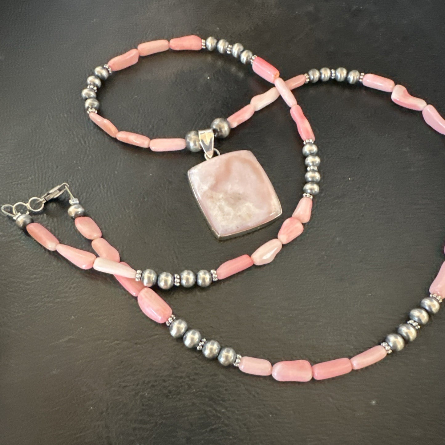 Southwestern Sterling Silver Pink Coral Bead Necklace Quartz Pendant 24" 19591