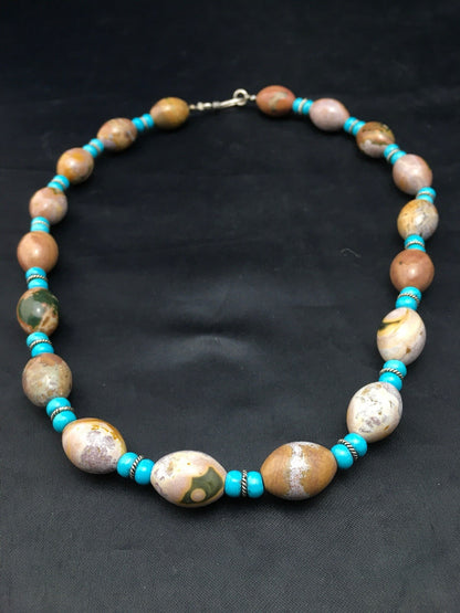 Turquoise & Agate Navajo Pearls Sterling Silver Necklace 04499